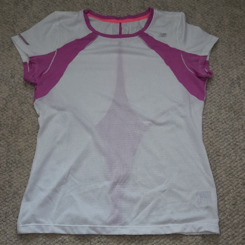 New Balance Women's White and Purple Short Sleeve Tee
